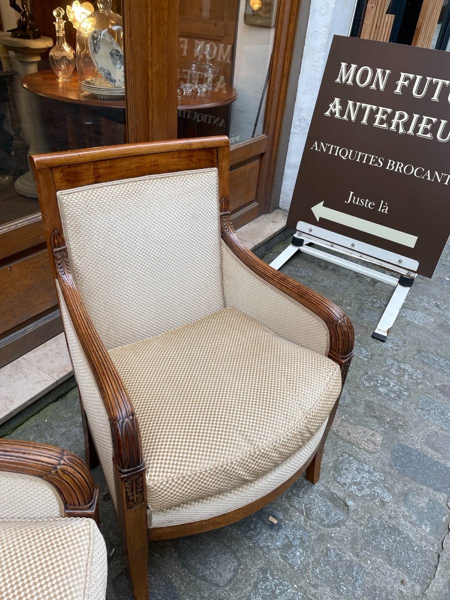 Ancienne Paire De Fauteuils Bergeres Empire En Noyer époque XIX ème Très Bon état-photo-1