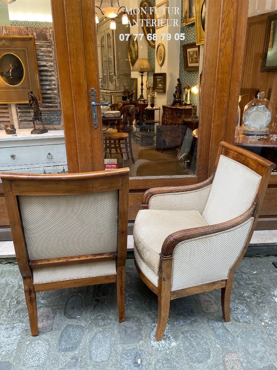 Ancienne Paire De Fauteuils Bergeres Empire En Noyer époque XIX ème Très Bon état-photo-7
