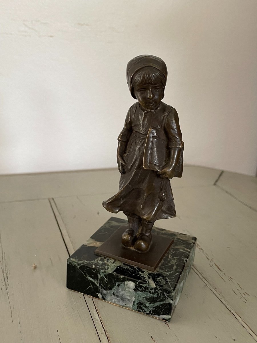 Ancien Statue Sculpture Petit Bronze De Vitrine : l'écolière. Début Du XX Eme Siècle -photo-2