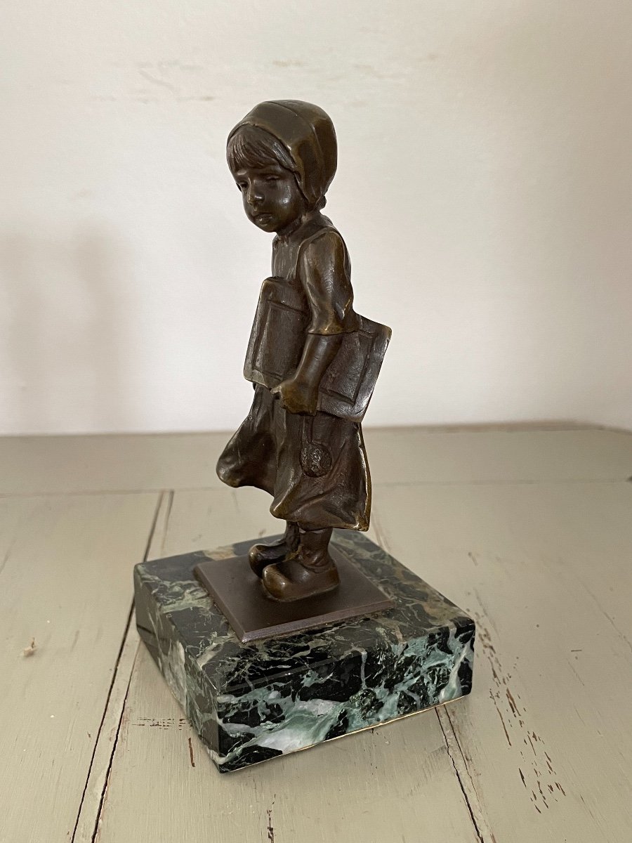 Ancien Statue Sculpture Petit Bronze De Vitrine : l'écolière. Début Du XX Eme Siècle -photo-3