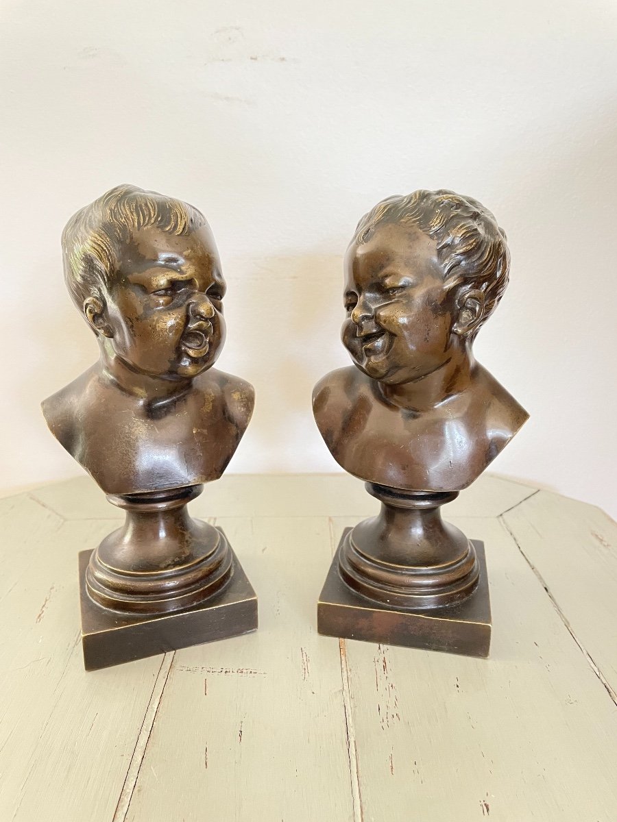 Paire Sculptures Bronze Jean Qui Rit Jean Qui Pleure d'Après  Houdon XIXème Statue 