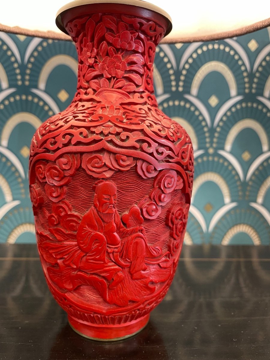 Old Small Lamp In Red Cinnabar Lacquer, China Early XX Eme Asia, Lighting-photo-3