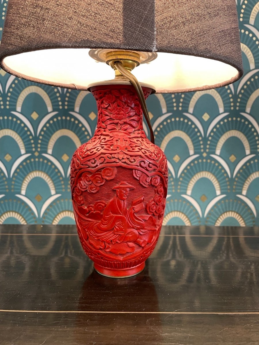 Old Small Lamp In Red Cinnabar Lacquer, China Early XX Eme Asia, Lighting-photo-1