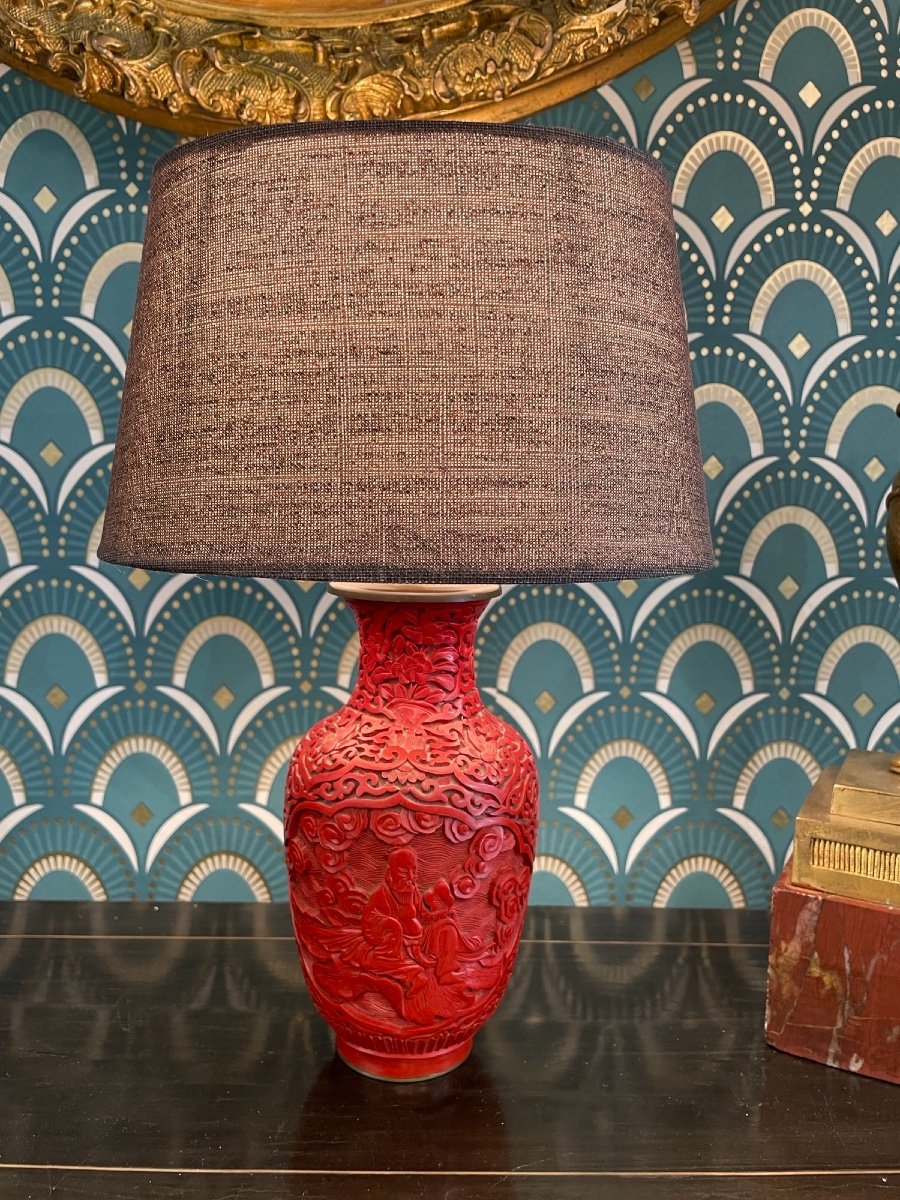 Old Small Lamp In Red Cinnabar Lacquer, China Early XX Eme Asia, Lighting-photo-5