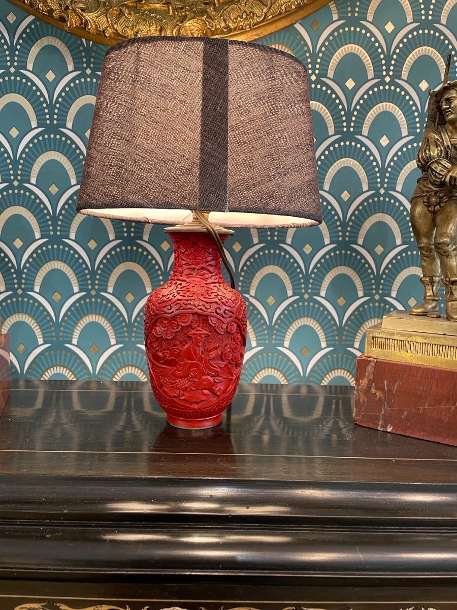 Old Small Lamp In Red Cinnabar Lacquer, China Early XX Eme Asia, Lighting-photo-7