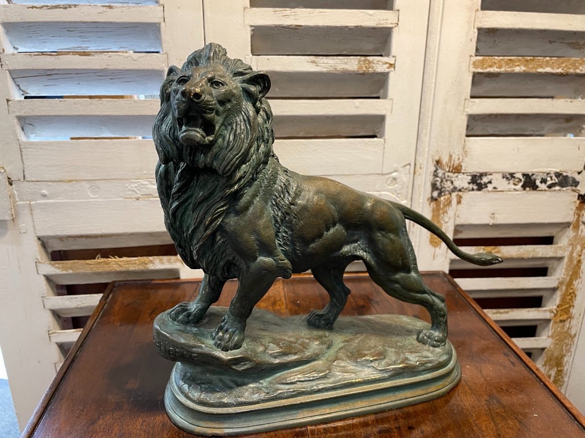 Old Bronze Sculpture Statue By Delabrierre: The Lion, End Of The XIX Eme Green Patina-photo-7