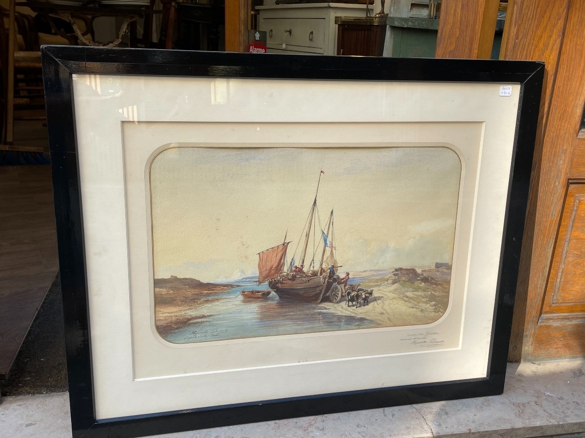 Large Old Marine Painting In Watercolor After Jules Noel, End Of The XIXth Century-photo-2