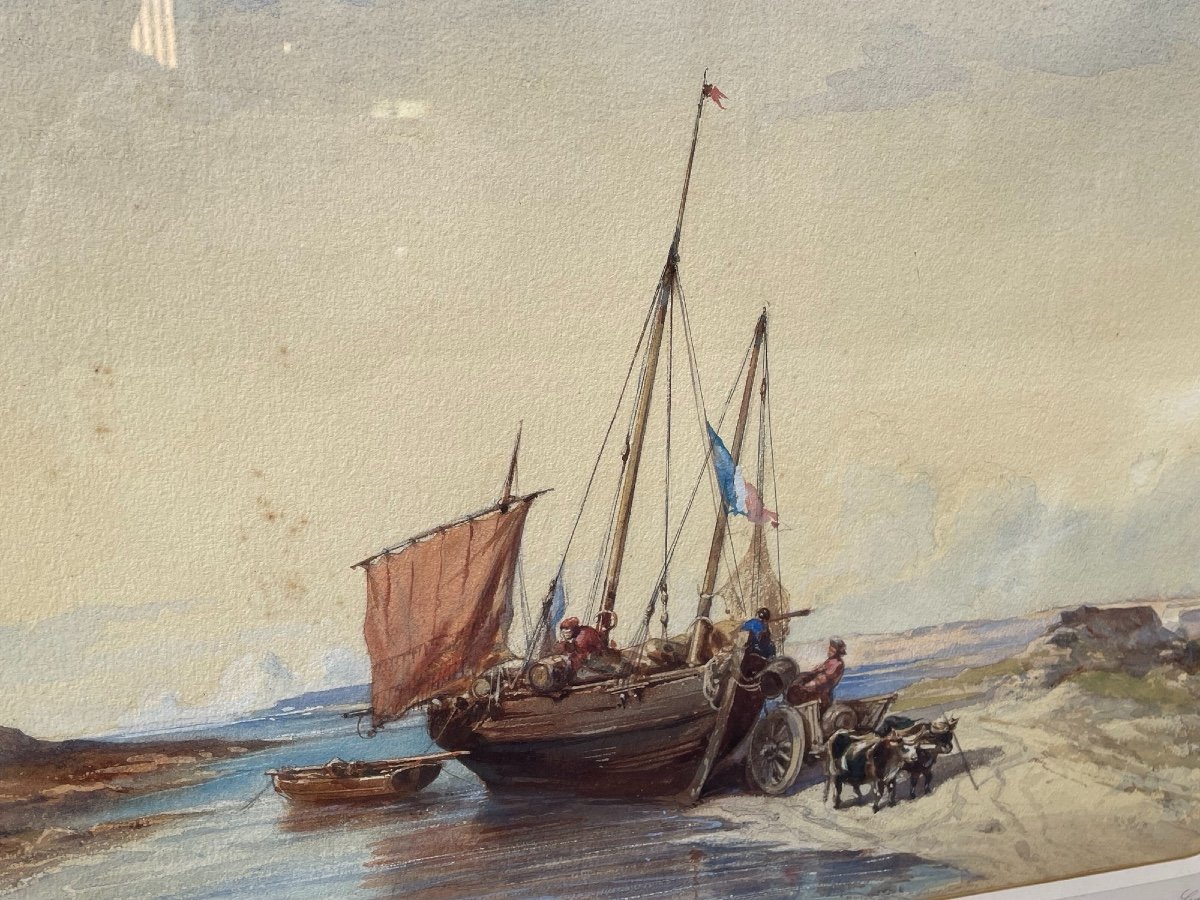 Large Old Marine Painting In Watercolor After Jules Noel, End Of The XIXth Century-photo-4