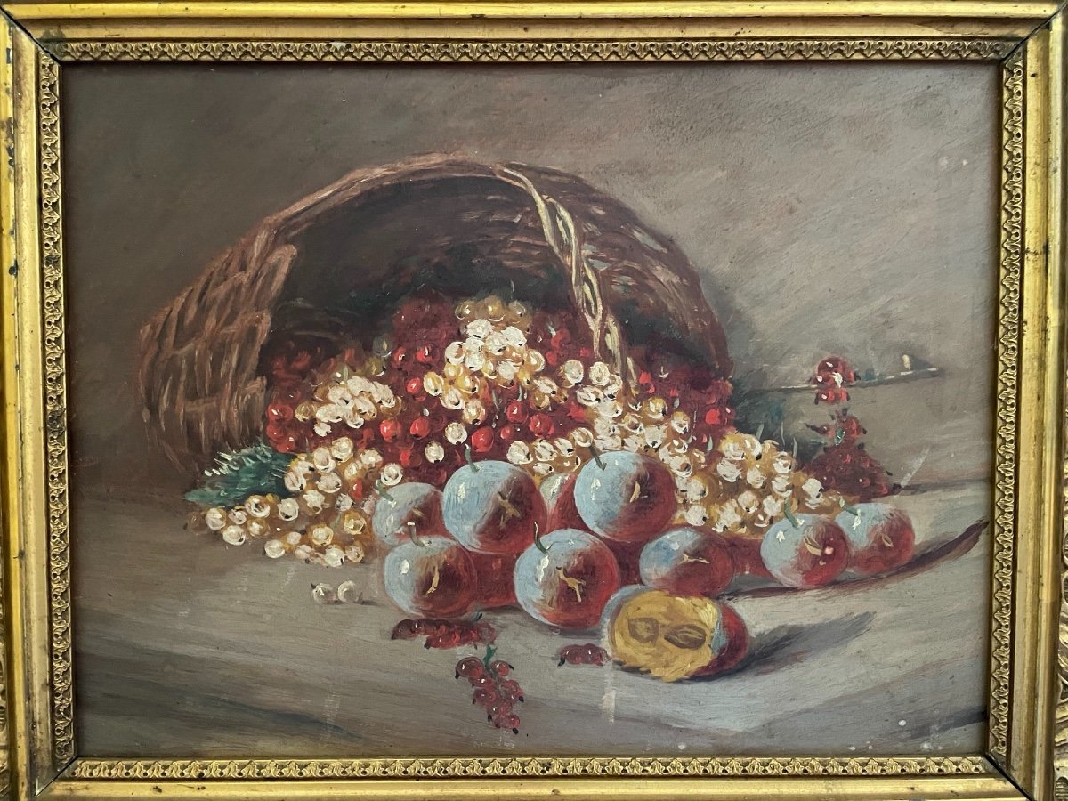 Old Still Life Painting With Fruits Very Beginning Of The XX Eme Hsp End Of The XIX Th, Golden Wood-photo-2