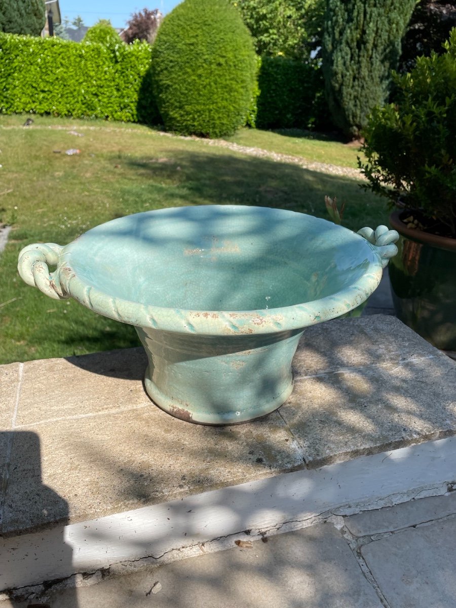 Ancien Cache-pot, Pot, Jardinière Terre Cuite Vernissée Céramique Céladon Début XX Eme-photo-3