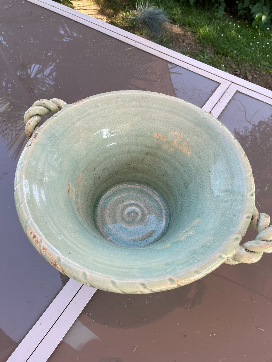 Ancien Cache-pot, Pot, Jardinière Terre Cuite Vernissée Céramique Céladon Début XX Eme-photo-4