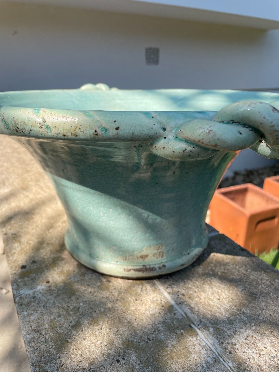 Ancien Cache-pot, Pot, Jardinière Terre Cuite Vernissée Céramique Céladon Début XX Eme-photo-8