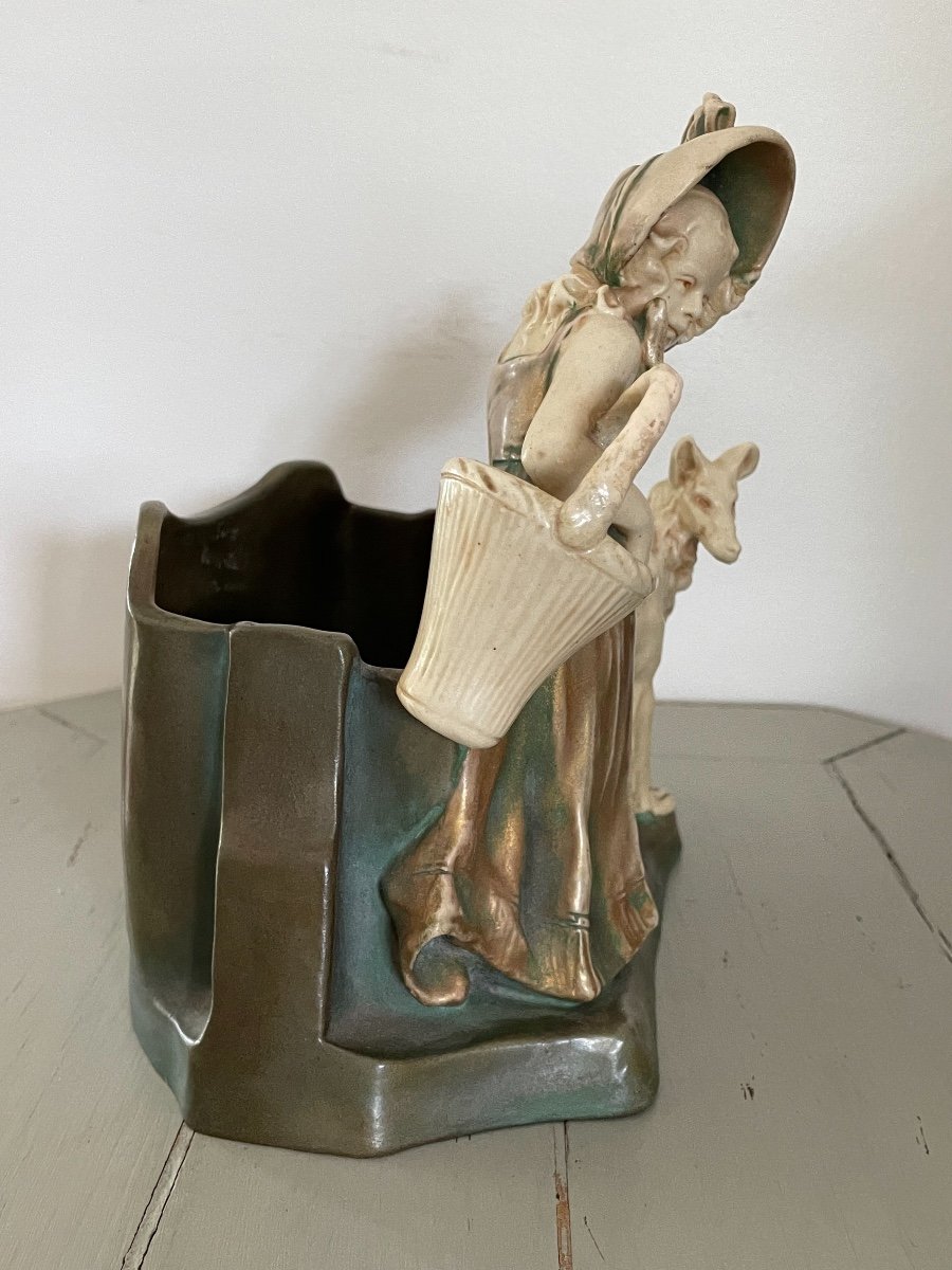 Ancienne Jardinière Art Nouveau De Bernhard Bloch : La Fille Au Lévrier Par T Khuen Céramique-photo-3