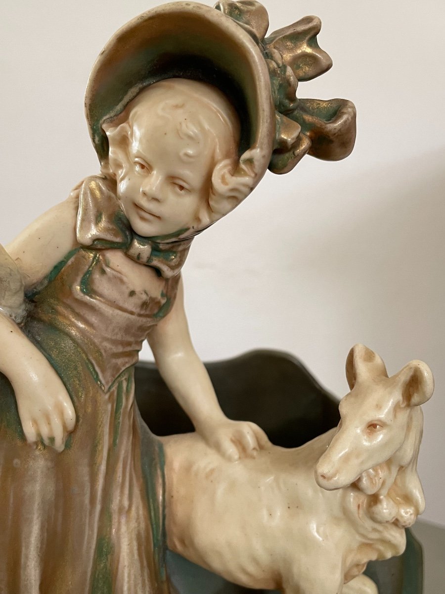 Ancienne Jardinière Art Nouveau De Bernhard Bloch : La Fille Au Lévrier Par T Khuen Céramique-photo-2