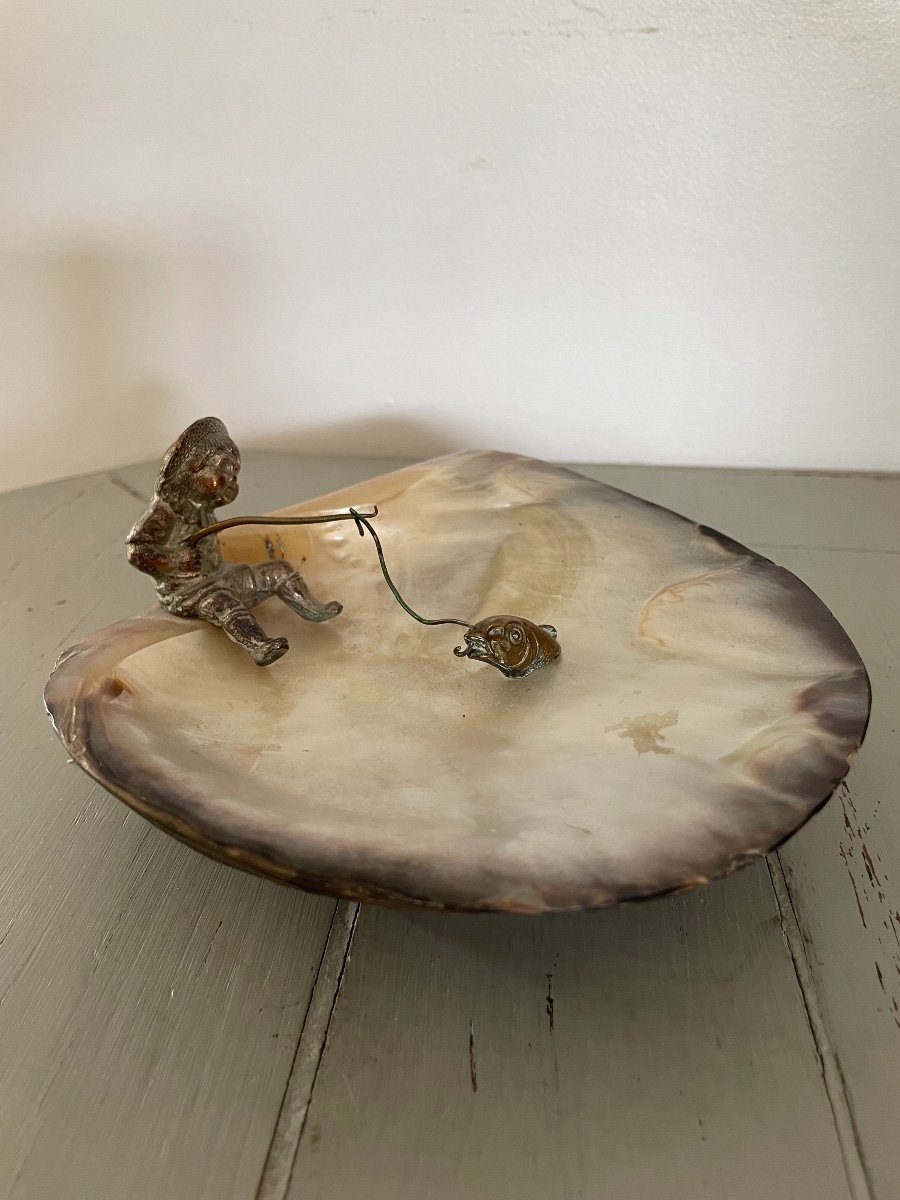 Old Pearly Shell With A Silver Bronze Mount: The Little Fisherman Early XX Showcase-photo-5