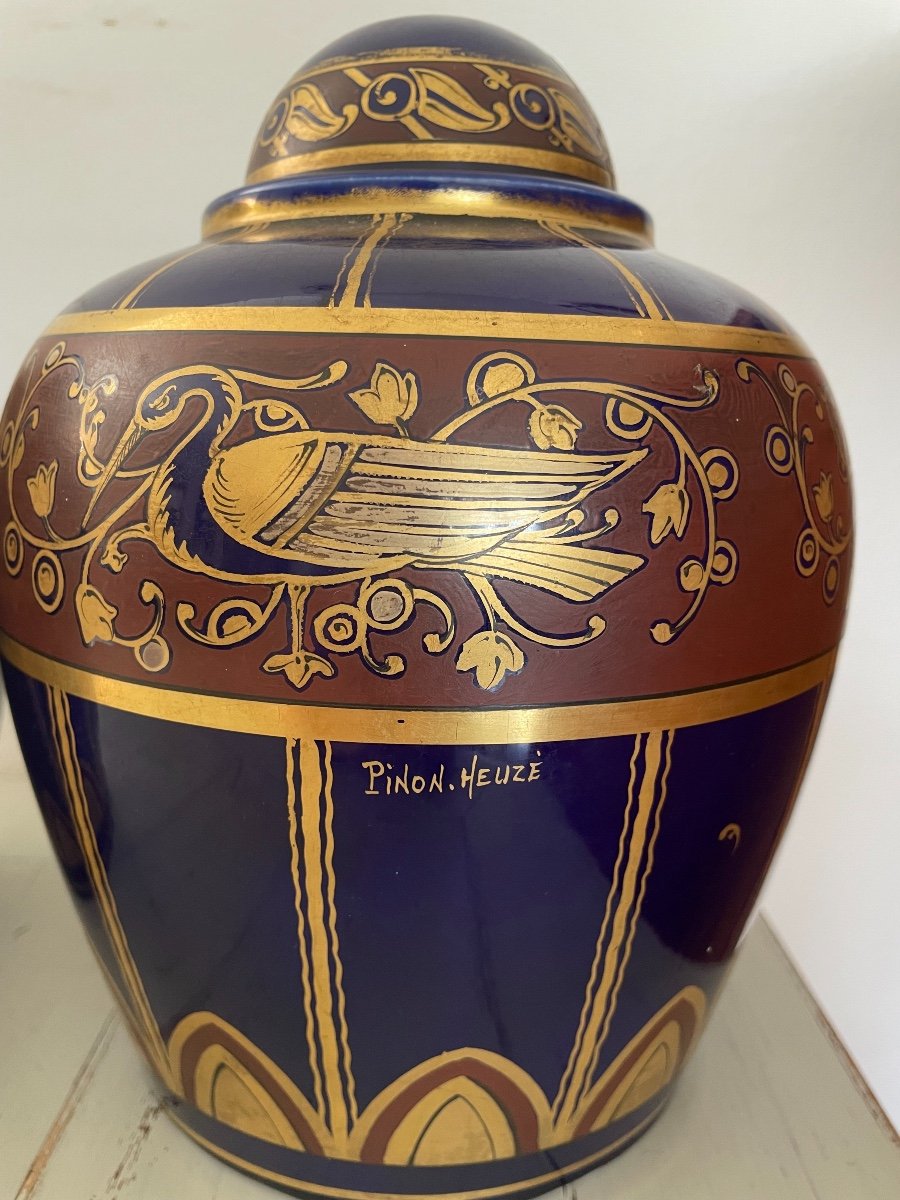 Paire De Vases Potiches Vases En Céramique  Bleu Et Doré  Signée Pinon-Heuze à Tours Art Deco-photo-2