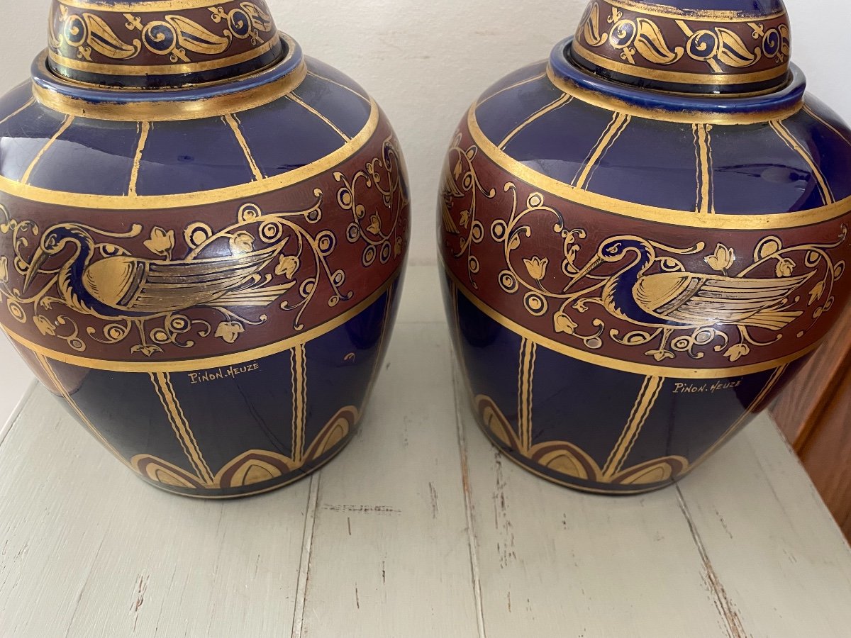 Paire De Vases Potiches Vases En Céramique  Bleu Et Doré  Signée Pinon-Heuze à Tours Art Deco-photo-4