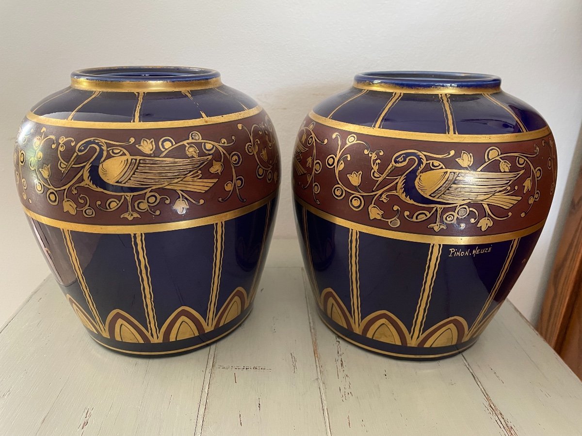 Paire De Vases Potiches Vases En Céramique  Bleu Et Doré  Signée Pinon-Heuze à Tours Art Deco-photo-1