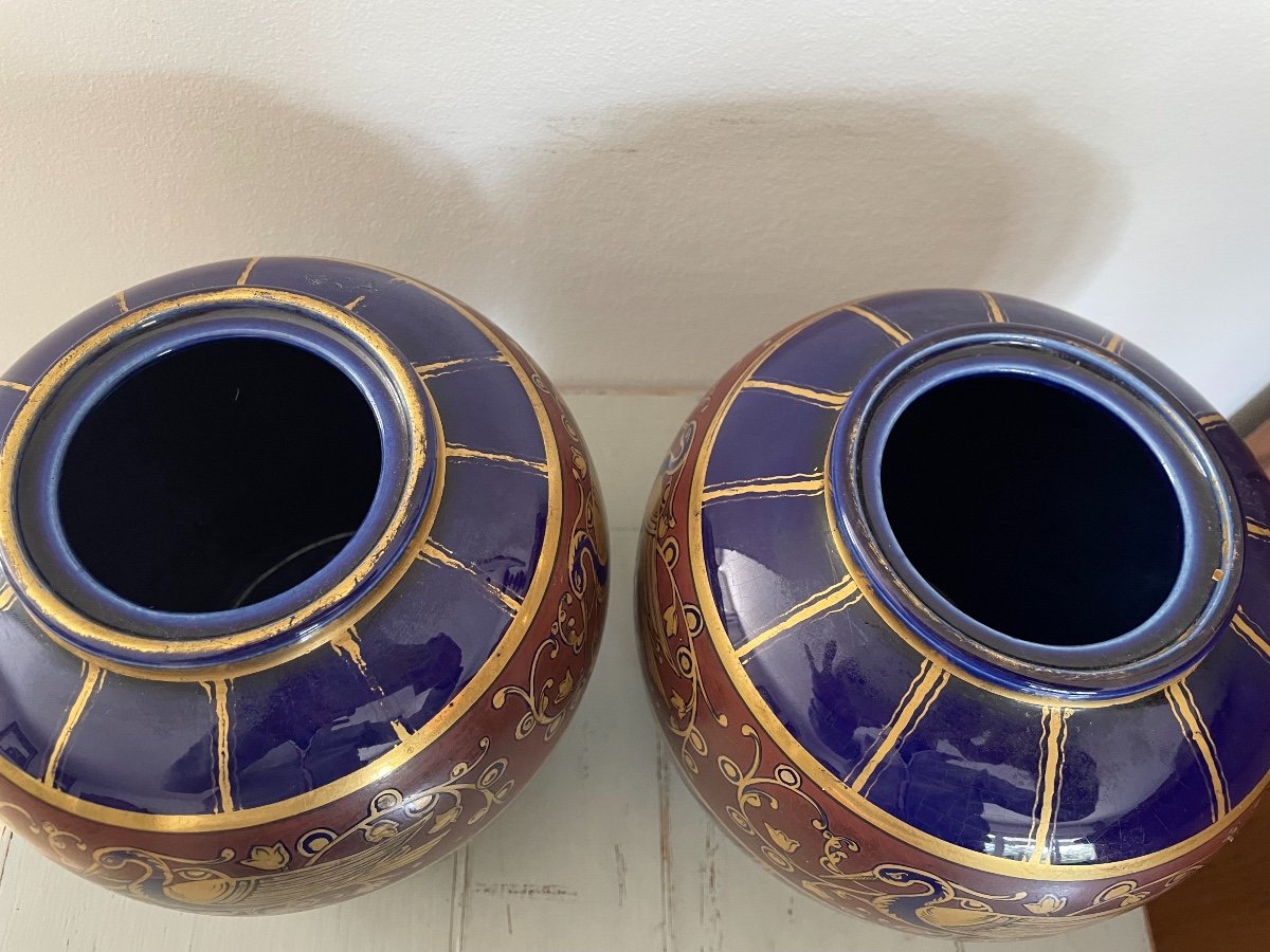 Paire De Vases Potiches Vases En Céramique  Bleu Et Doré  Signée Pinon-Heuze à Tours Art Deco-photo-2