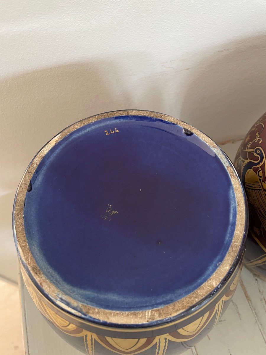 Paire De Vases Potiches Vases En Céramique  Bleu Et Doré  Signée Pinon-Heuze à Tours Art Deco-photo-3