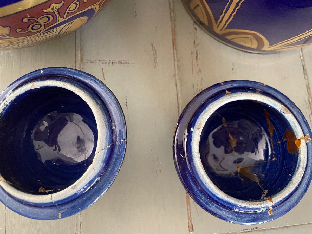 Paire De Vases Potiches Vases En Céramique  Bleu Et Doré  Signée Pinon-Heuze à Tours Art Deco-photo-5