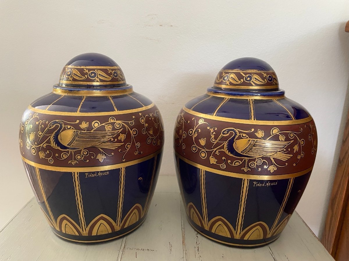 Paire De Vases Potiches Vases En Céramique  Bleu Et Doré  Signée Pinon-Heuze à Tours Art Deco