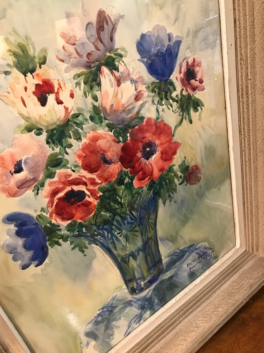 Old Painting The Bouquet By Pierre Le Trividic Watercolor 1955 School Of Rouen XX Th-photo-3