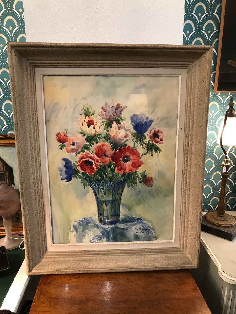 Old Painting The Bouquet By Pierre Le Trividic Watercolor 1955 School Of Rouen XX Th-photo-1