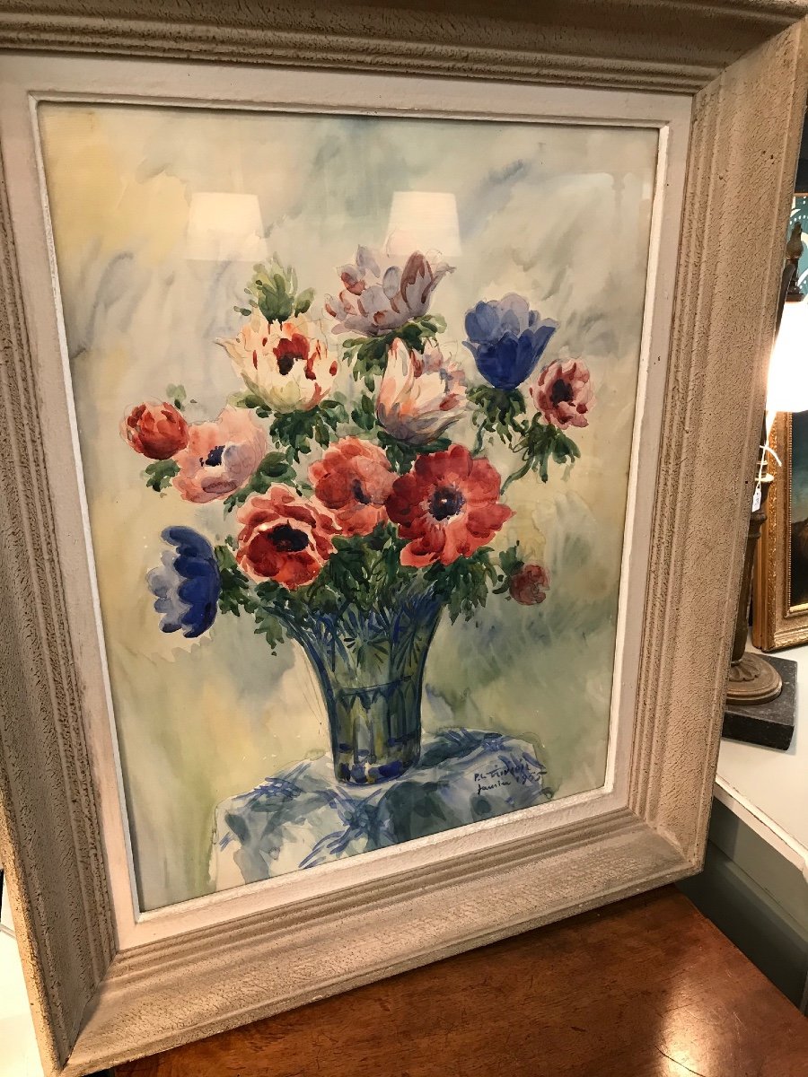 Old Painting The Bouquet By Pierre Le Trividic Watercolor 1955 School Of Rouen XX Th-photo-2