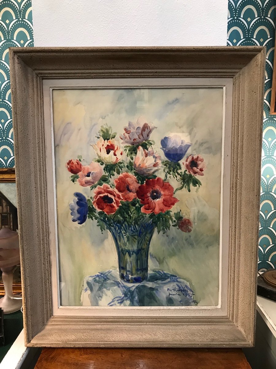 Old Painting The Bouquet By Pierre Le Trividic Watercolor 1955 School Of Rouen XX Th-photo-3