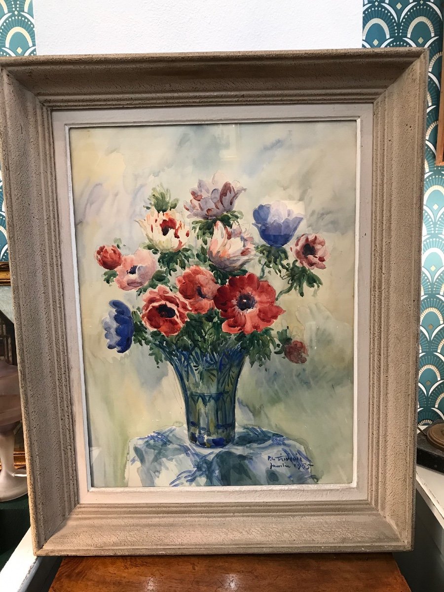 Old Painting The Bouquet By Pierre Le Trividic Watercolor 1955 School Of Rouen XX Th-photo-5