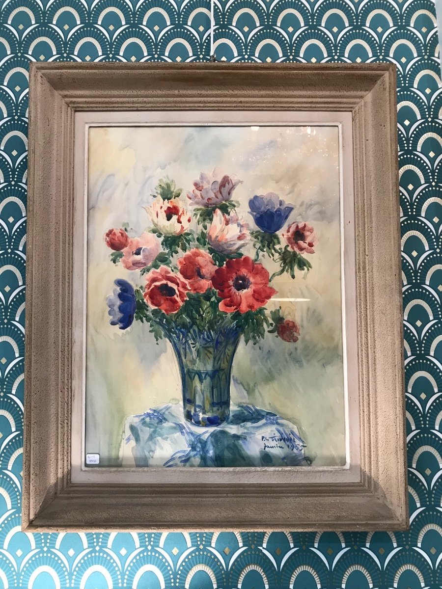 Old Painting The Bouquet By Pierre Le Trividic Watercolor 1955 School Of Rouen XX Th