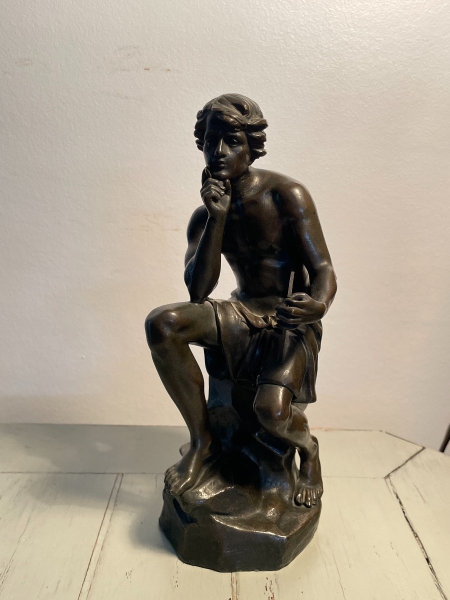 Old Dark Patinated Bronze Statue: The Thinker By Carlier Late 19th Century