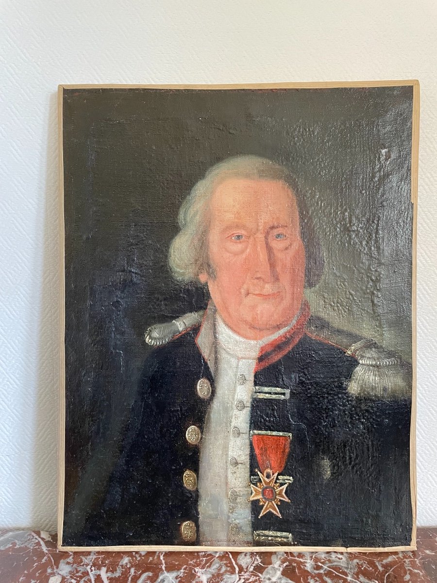 Ancien Tableau Portrait  XVIII Eme Huile Sur Toile Militaire Officier Hôtel Invalides Uniforme