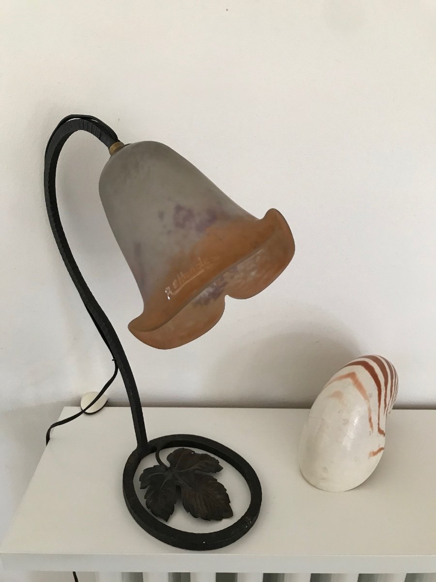 Art Deco Wrought Iron Lamp With Its Glassware Signed Rethondes Circa 1930-photo-1