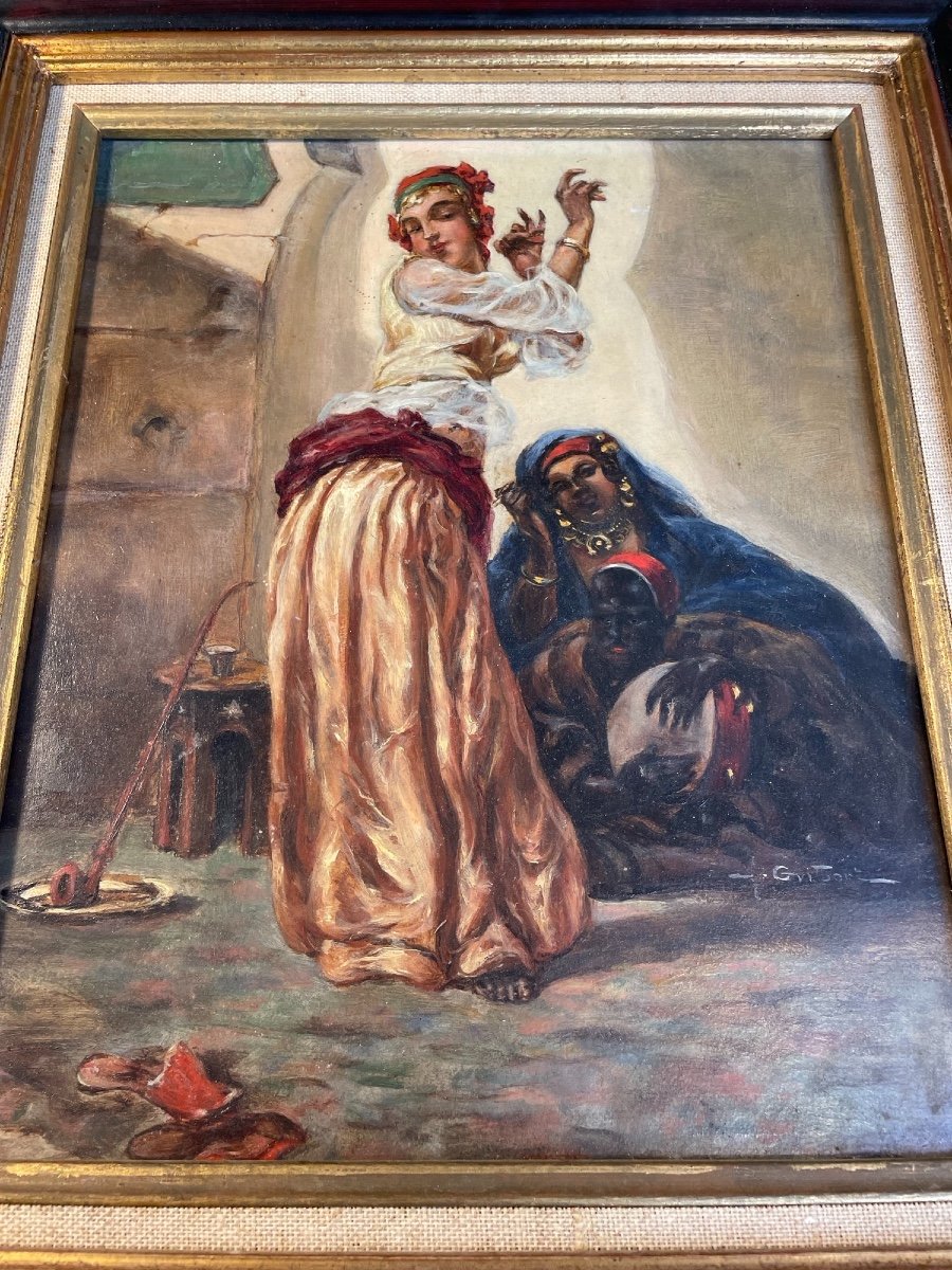 Ancien Tableau Orientaliste Huile Sur Carton Marouflé Fin Du XIX Eme Siècle-photo-6