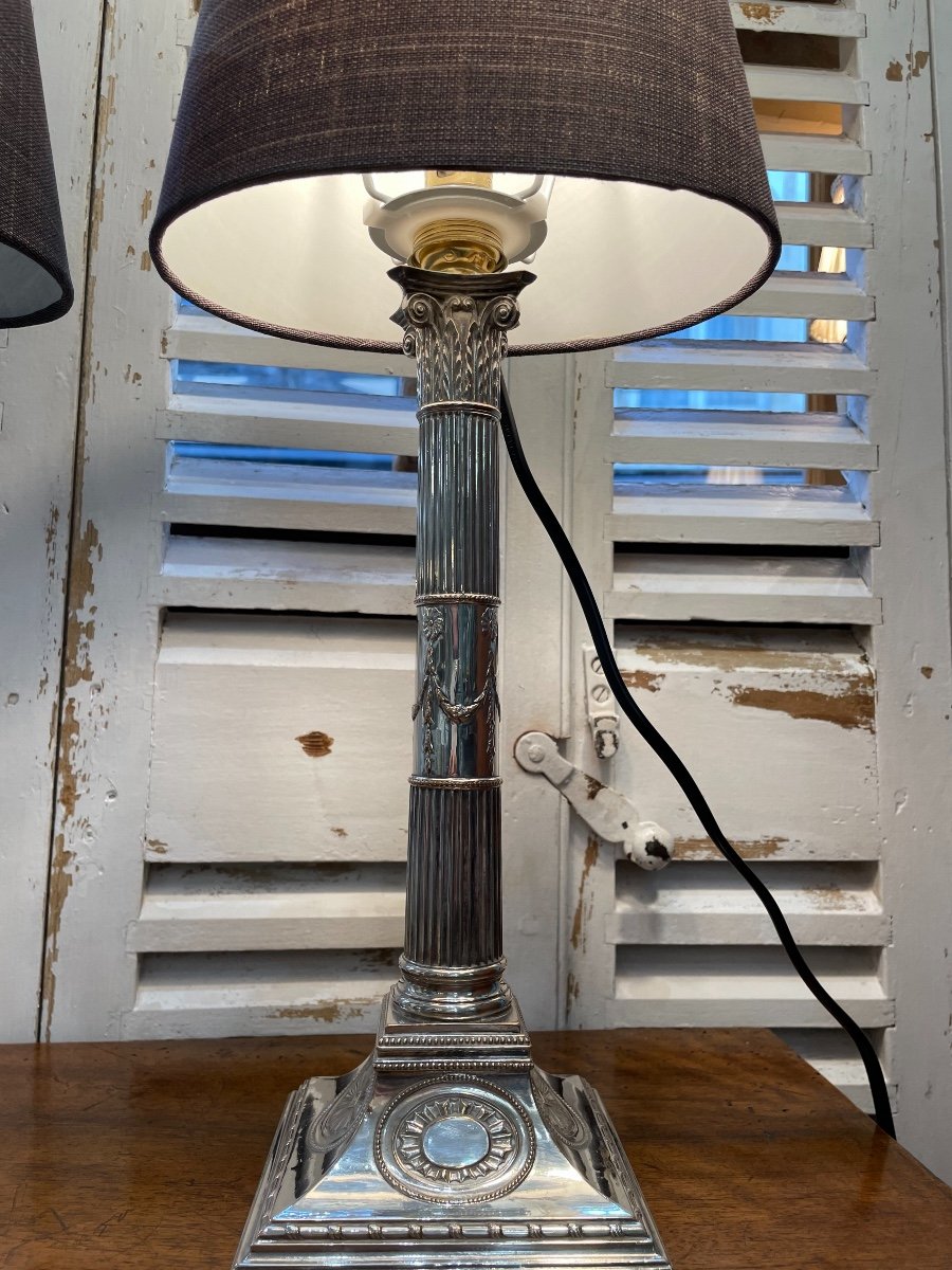 Ancienne Paire De Bougeoirs Formant Lampe En Metal Argenté Début Du XIX Eme Siècle Lampes -photo-2