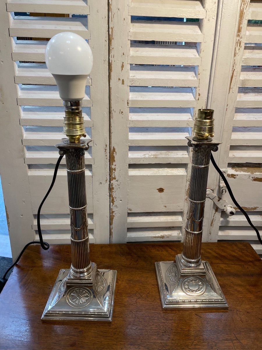 Ancienne Paire De Bougeoirs Formant Lampe En Metal Argenté Début Du XIX Eme Siècle Lampes -photo-3