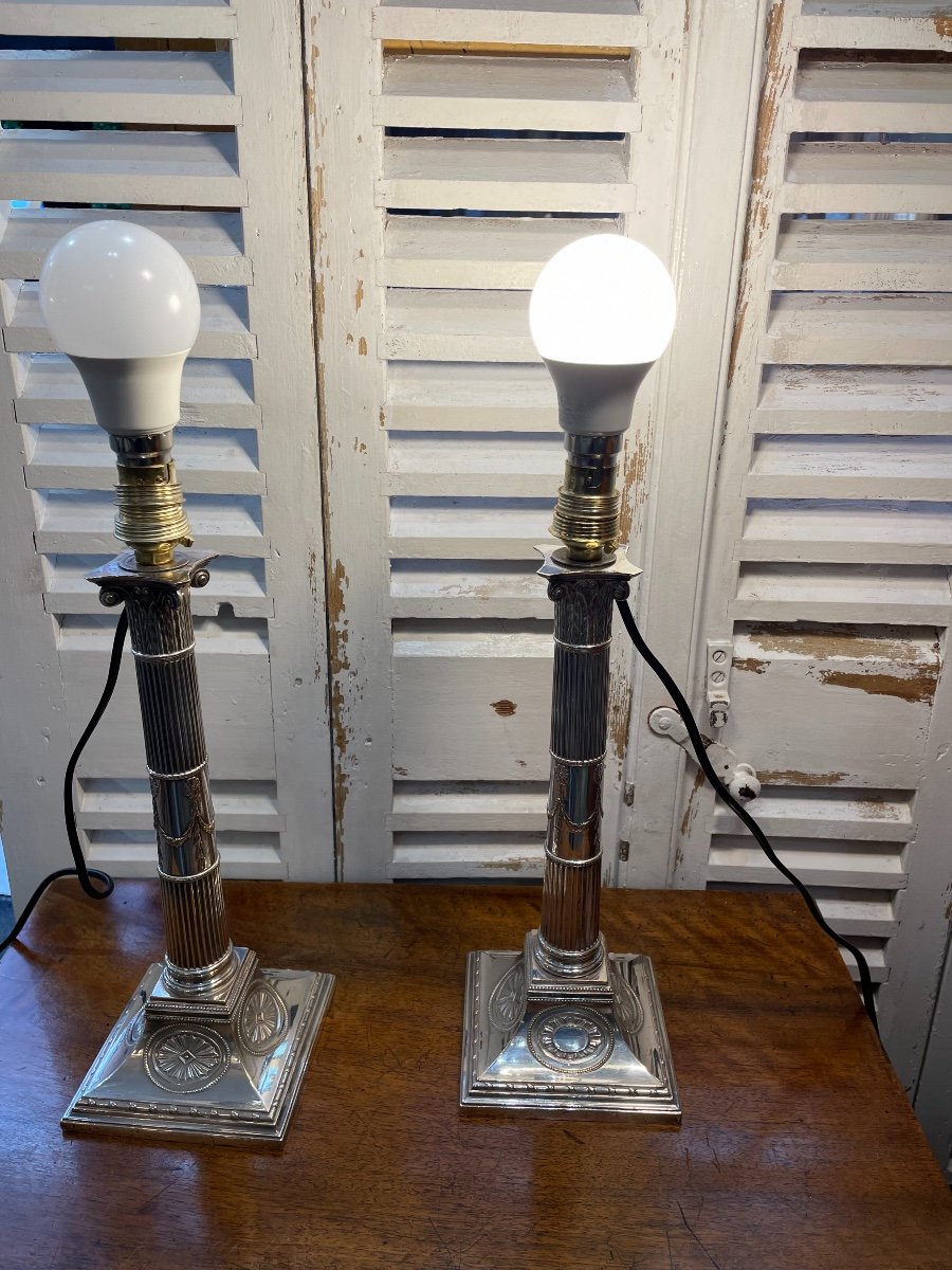 Ancienne Paire De Bougeoirs Formant Lampe En Metal Argenté Début Du XIX Eme Siècle Lampes -photo-4