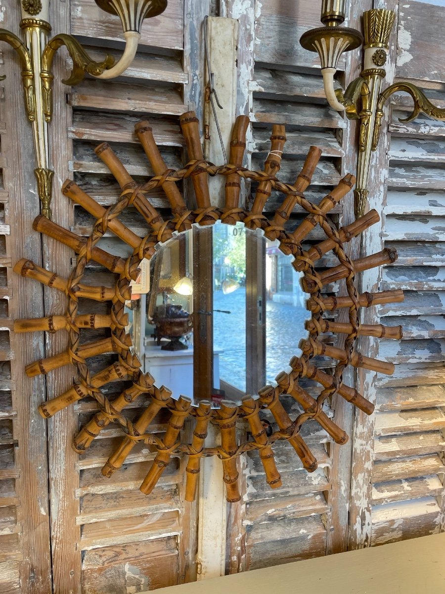 Old Vintage Round Sun Mirror In Wicker Circa 1960-photo-2