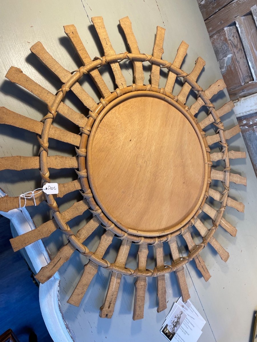 Old Vintage Round Sun Mirror In Wicker Circa 1960-photo-4