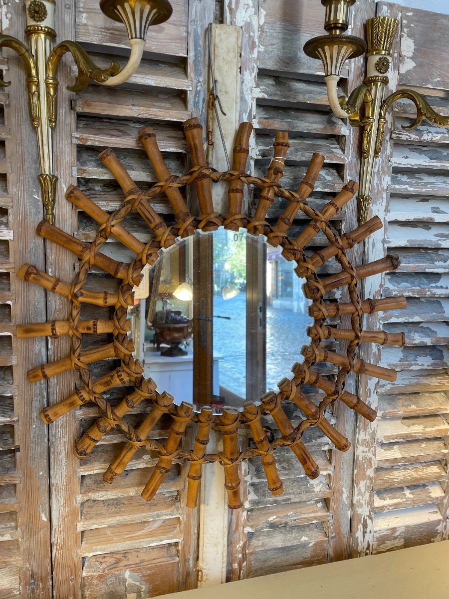 Old Vintage Round Sun Mirror In Wicker Circa 1960-photo-1