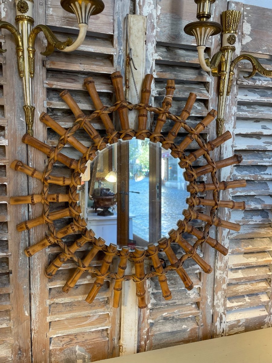 Old Vintage Round Sun Mirror In Wicker Circa 1960