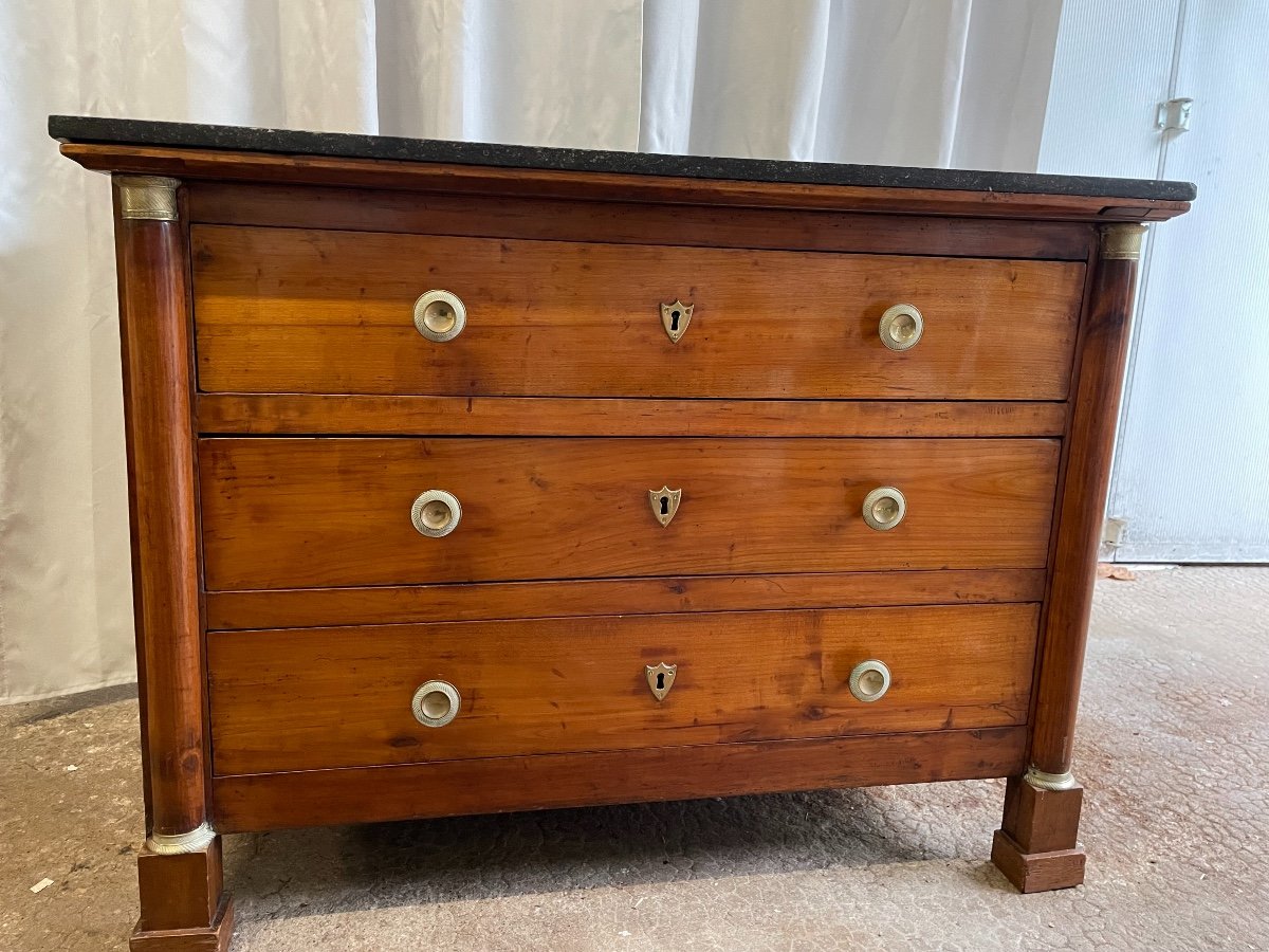 Ancienne Commode Empire à Demi Colonnes En Bois Fruitier Début Du XIX Eme Dessus Marbre 