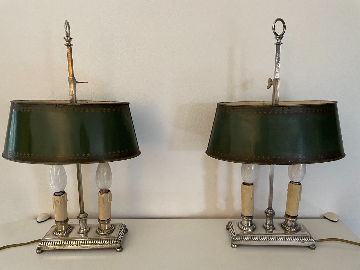 Ancienne Paire De Lampes Bouillottes En Bronze Argenté Par Henri Vian XIX Eme Siècle Louis XVI-photo-1