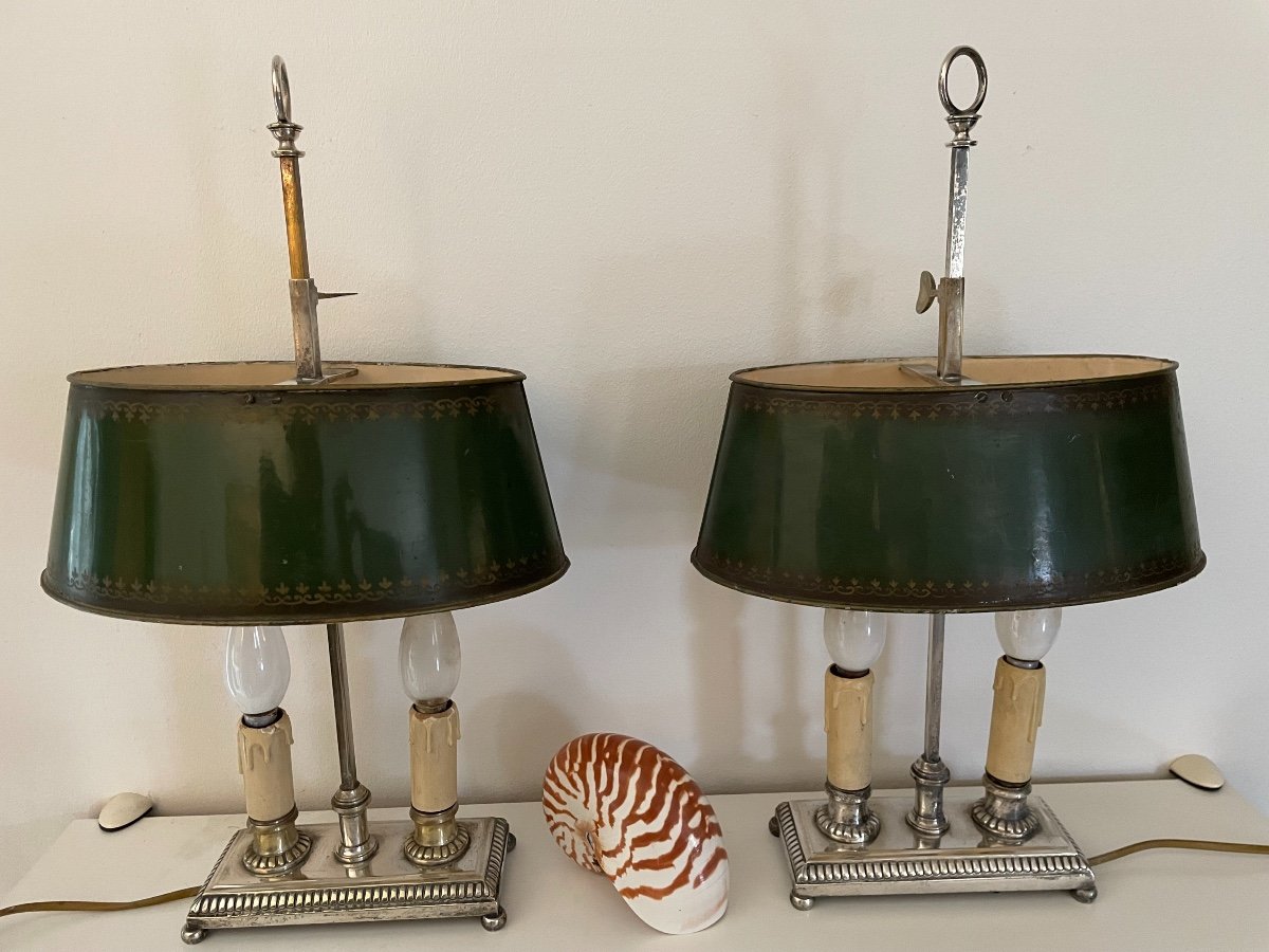 Ancienne Paire De Lampes Bouillottes En Bronze Argenté Par Henri Vian XIX Eme Siècle Louis XVI