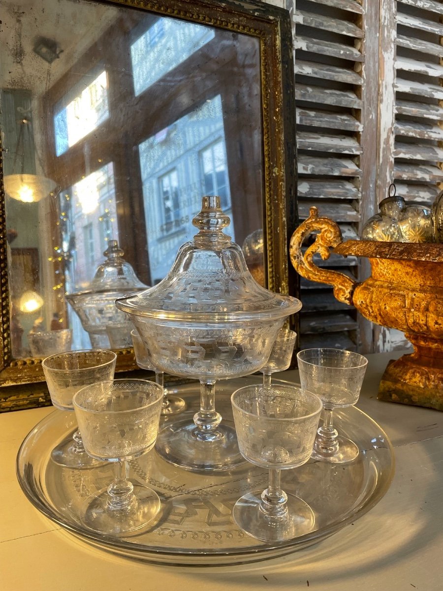 Old Punch Service In Greek Engraved Crystal Bezel, Glasses And Quality Tray-photo-3