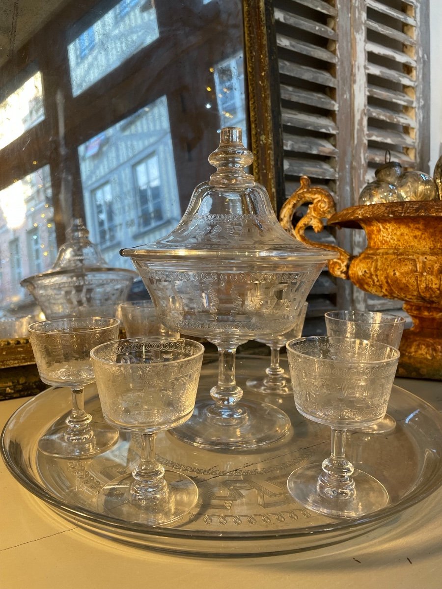 Old Punch Service In Greek Engraved Crystal Bezel, Glasses And Quality Tray-photo-4