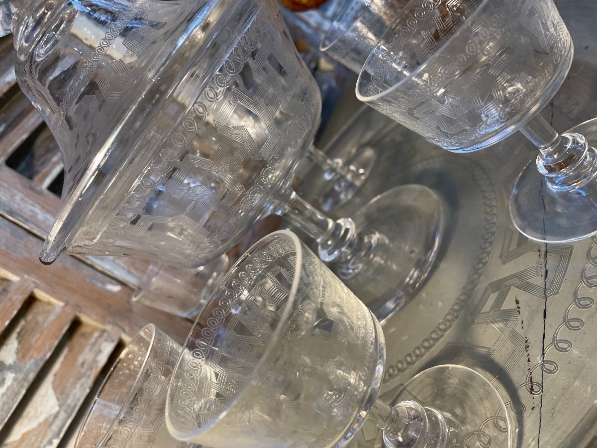 Old Punch Service In Greek Engraved Crystal Bezel, Glasses And Quality Tray-photo-2