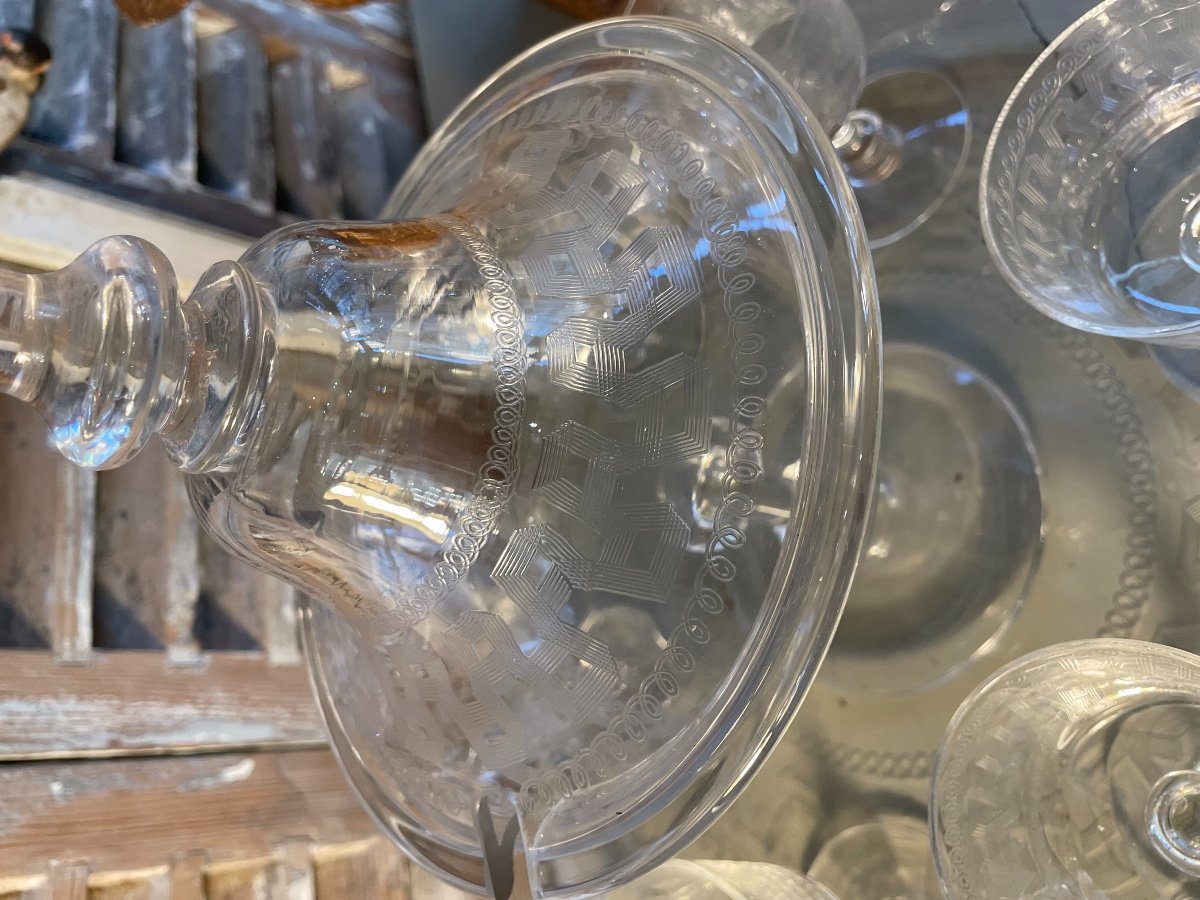 Old Punch Service In Greek Engraved Crystal Bezel, Glasses And Quality Tray-photo-3